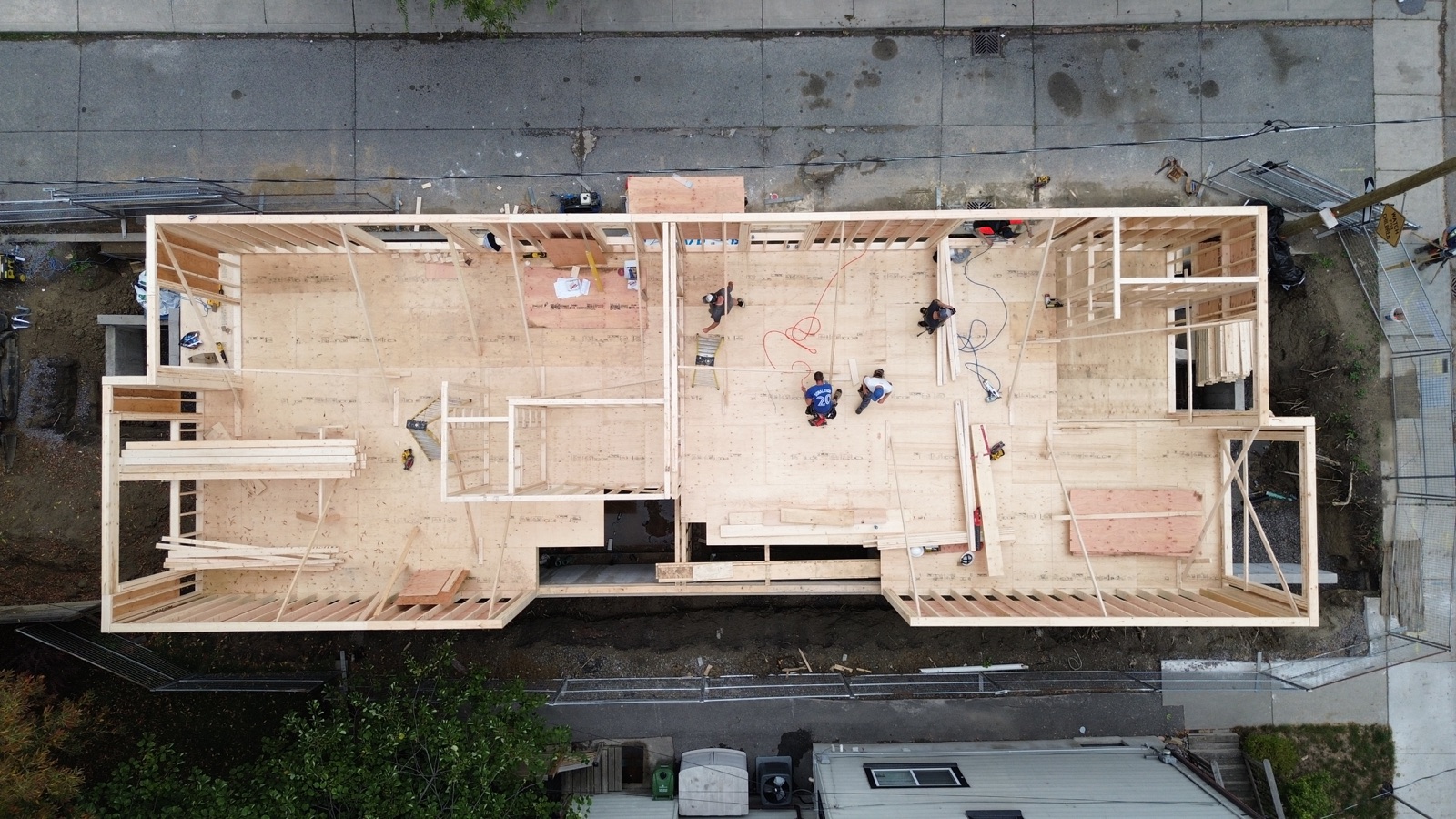 Aerial top-down view of a Halpern & Co. structural shell and framing