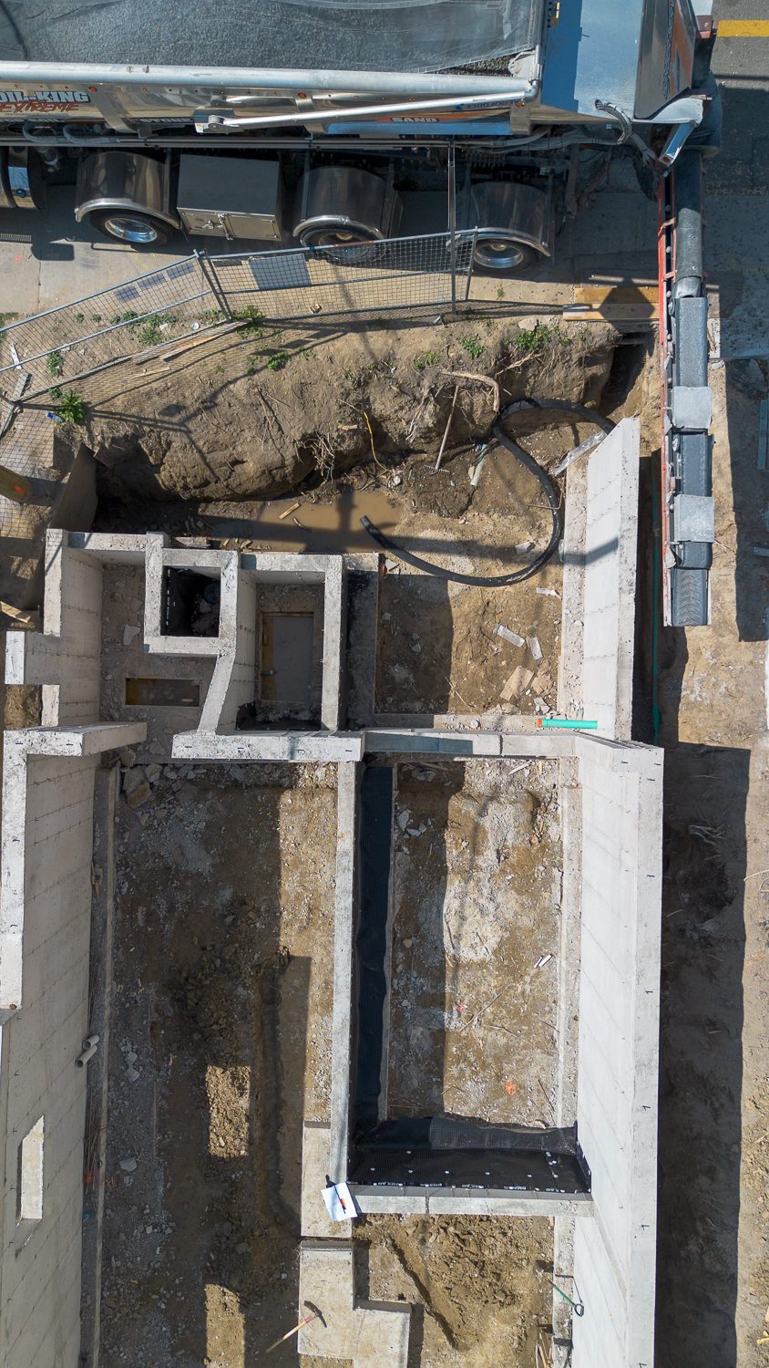 Close aerial of footings and foundation walls at Knox Avenue