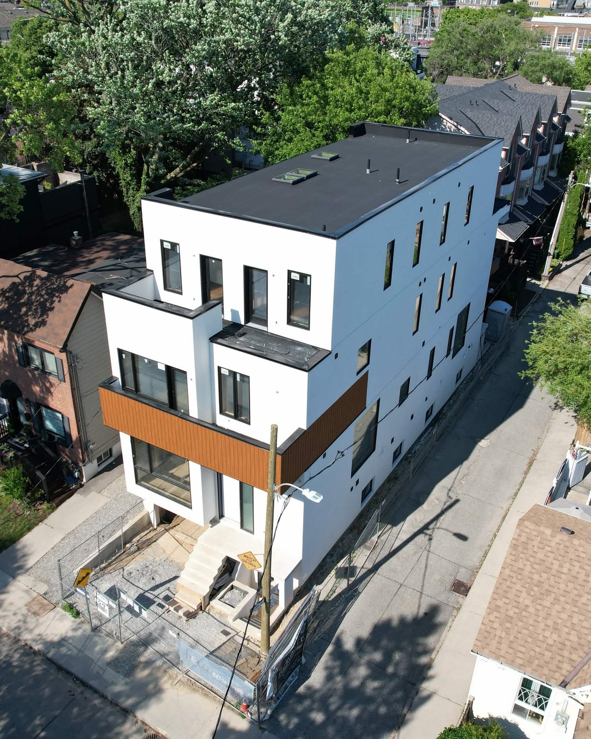 Aerial view of the finished three-storey home at 87 Knox Avenue, Leslieville