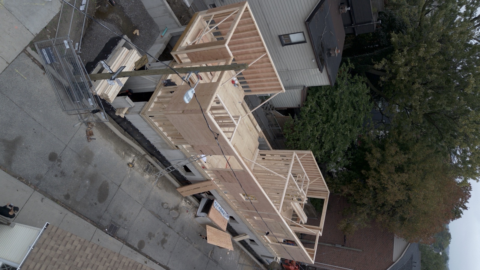 Aerial view of a framed structural shell built by Halpern & Co.